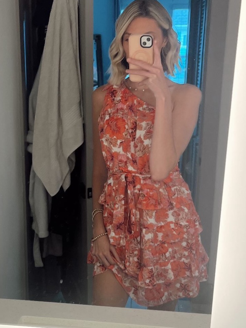 Floral One-Shoulder Ruffle Mini Dress - Orange Floral